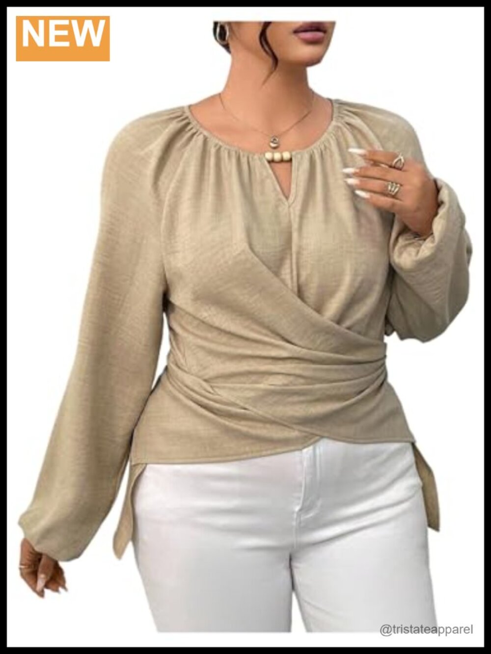 Women's Plus Size Wrap Blouse Long Sleeve Keyhole Neck Tie Back Dressy Top